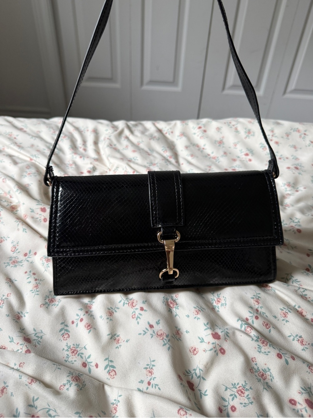 Black Shoulder Bag with Gold-Tone Clasp